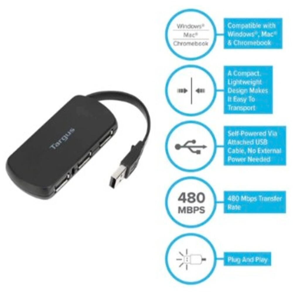 Targus USB 2.0 4-Port USB Hub High Speed Plug-and-Play Windows Mac Chromebook PC